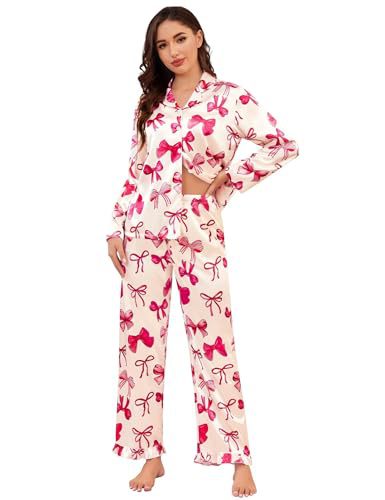 Women's Cuban Collar Butterfly Ribbon Print Long Sleeve Loungewear Set