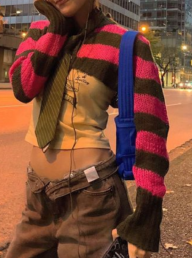Striped Square Neck Button-Front Crop Top with Long Sleeves