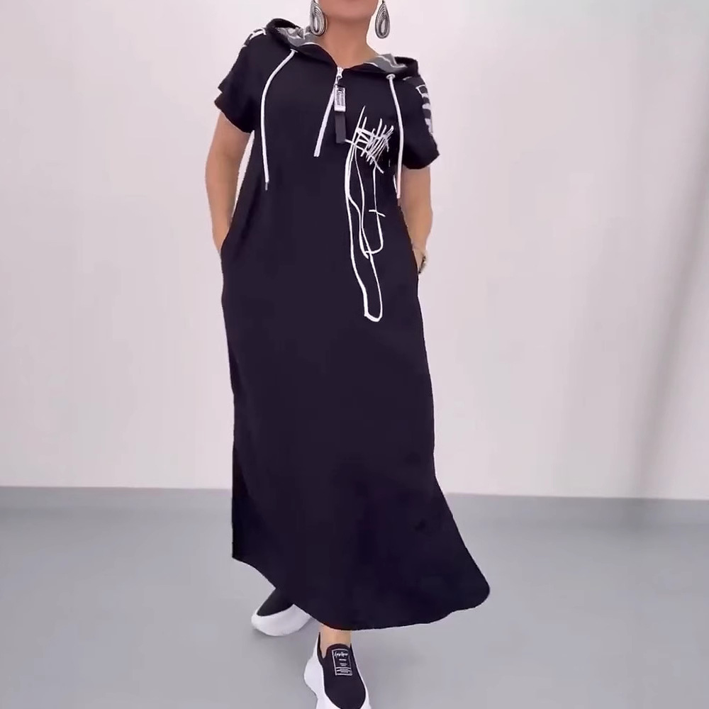 Women's Half-Zip Hooded Colorblock Loose Casual Dress