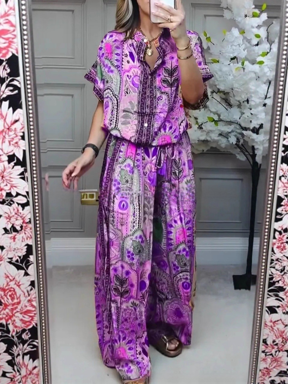Women's Casual Print Button-Front Cardigan Top & Wide-Leg Pants Two-Piece Set