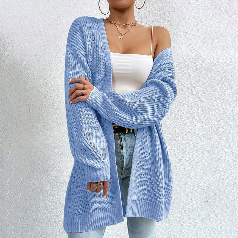 Women's Mid-Length Knit Cardigan Lightweight Open Front Long Sleeve Solid Color