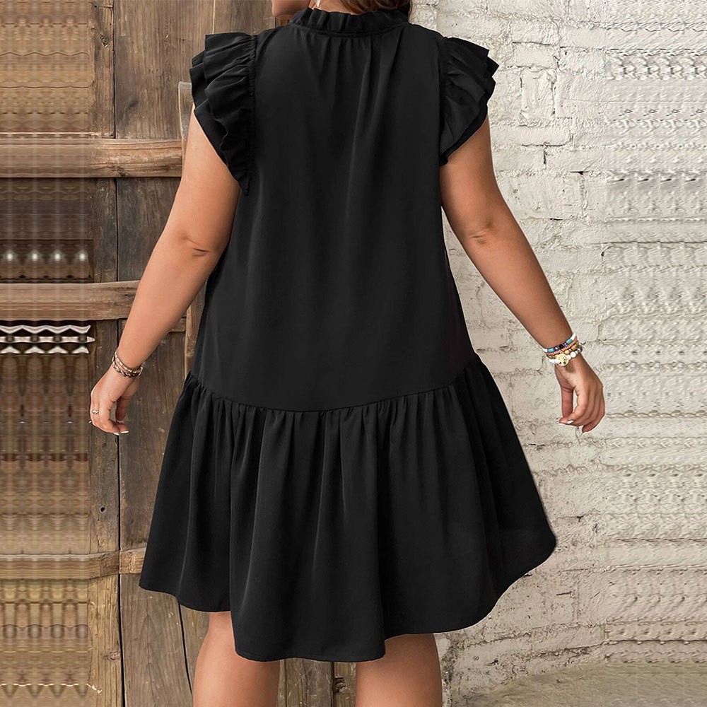 Plus Size Ruffle Tie-Neck Bubble Sleeve Dress