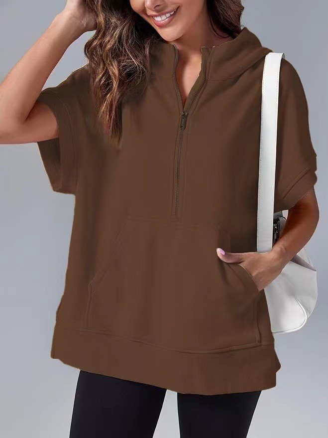 Solid Color Casual Short Sleeve Hooded Sweatshirt