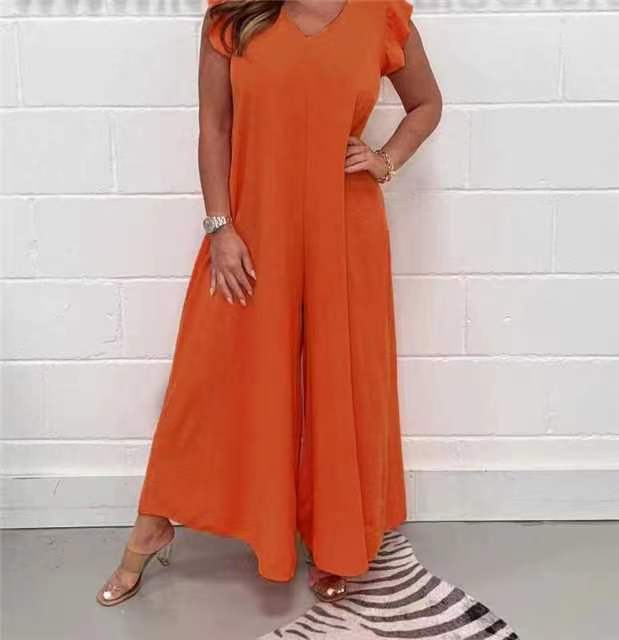 Women's Tie-Waist Ruffle Wide-Leg Jumpsuit Solid Casual