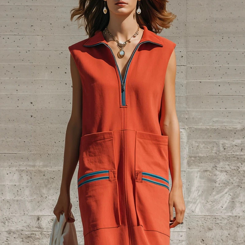 Retro Striped Orange Half-Zip Sleeveless Long Dress
