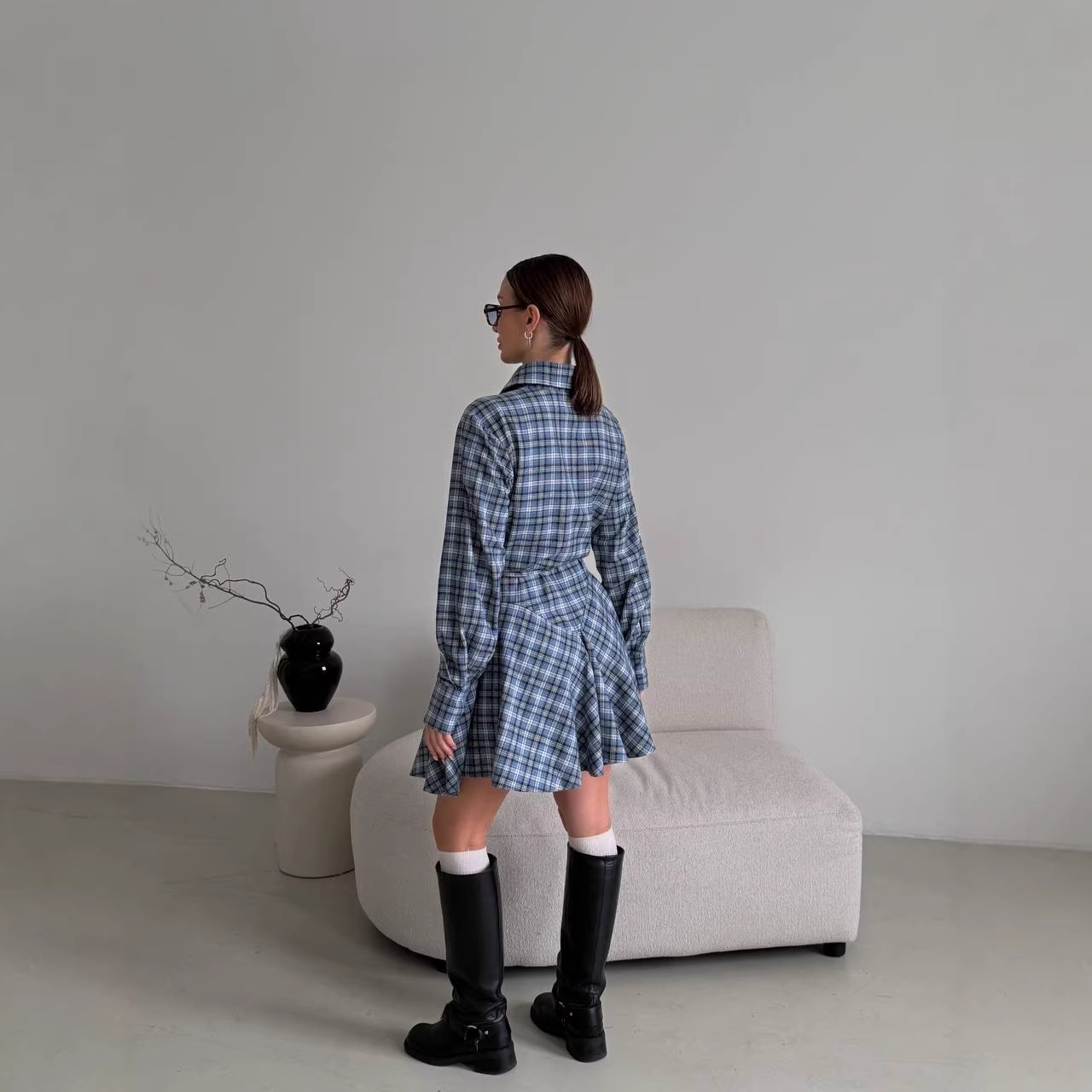 Retro Plaid Collared Slimming Shirt Dress with Puff Skirt