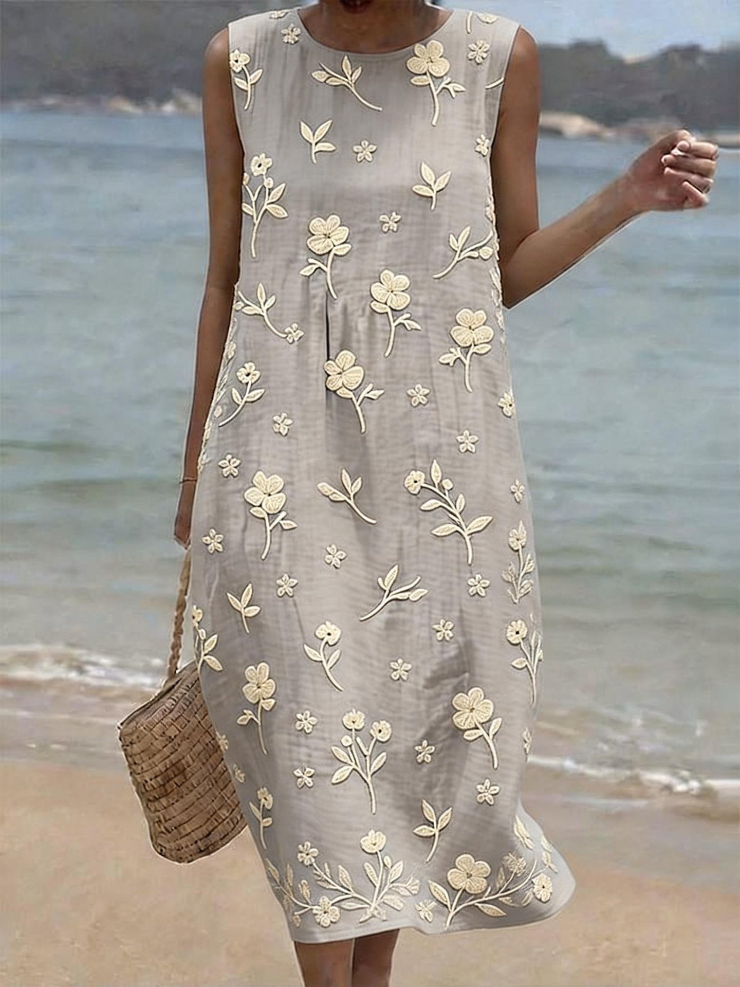 Women's Vintage Patterned Sleeveless Midi Dress