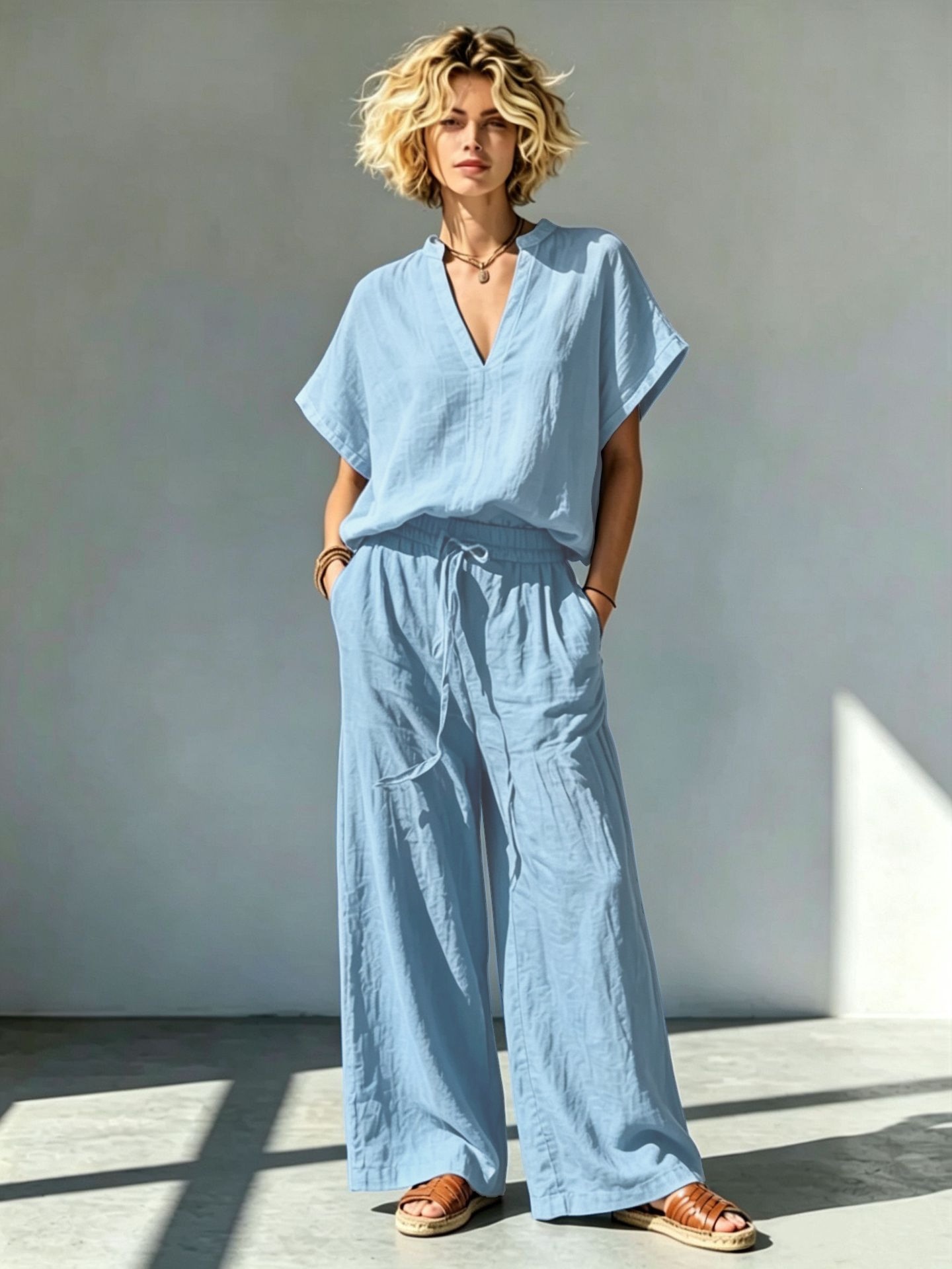 Women's Cotton-Linen V-Neck Short-Sleeve Shirt & Wide-Leg Pants Set