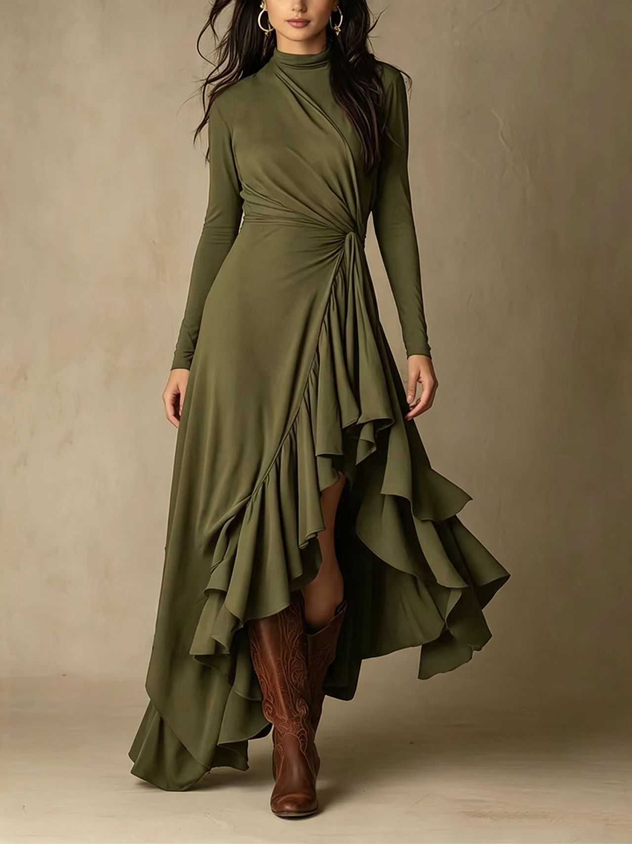 Elegant Solid Long Sleeve Asymmetrical Ruffle Midi Dress