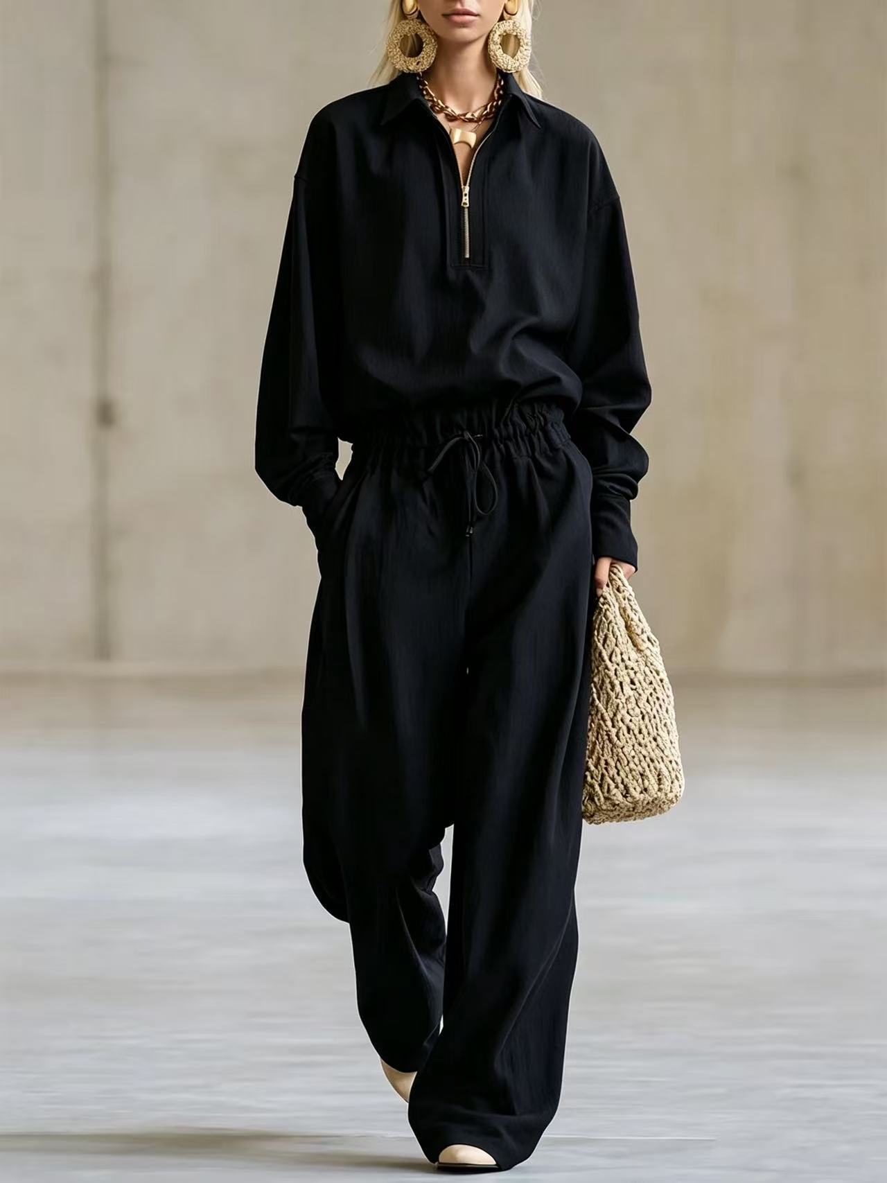 Solid Color Long Sleeve Drawstring Hoodie & Wide Leg Pants Set