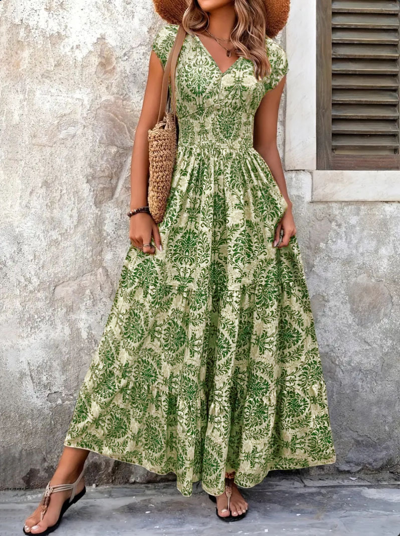 Vintage Floral Print V-Neck Short Sleeve Long Dress