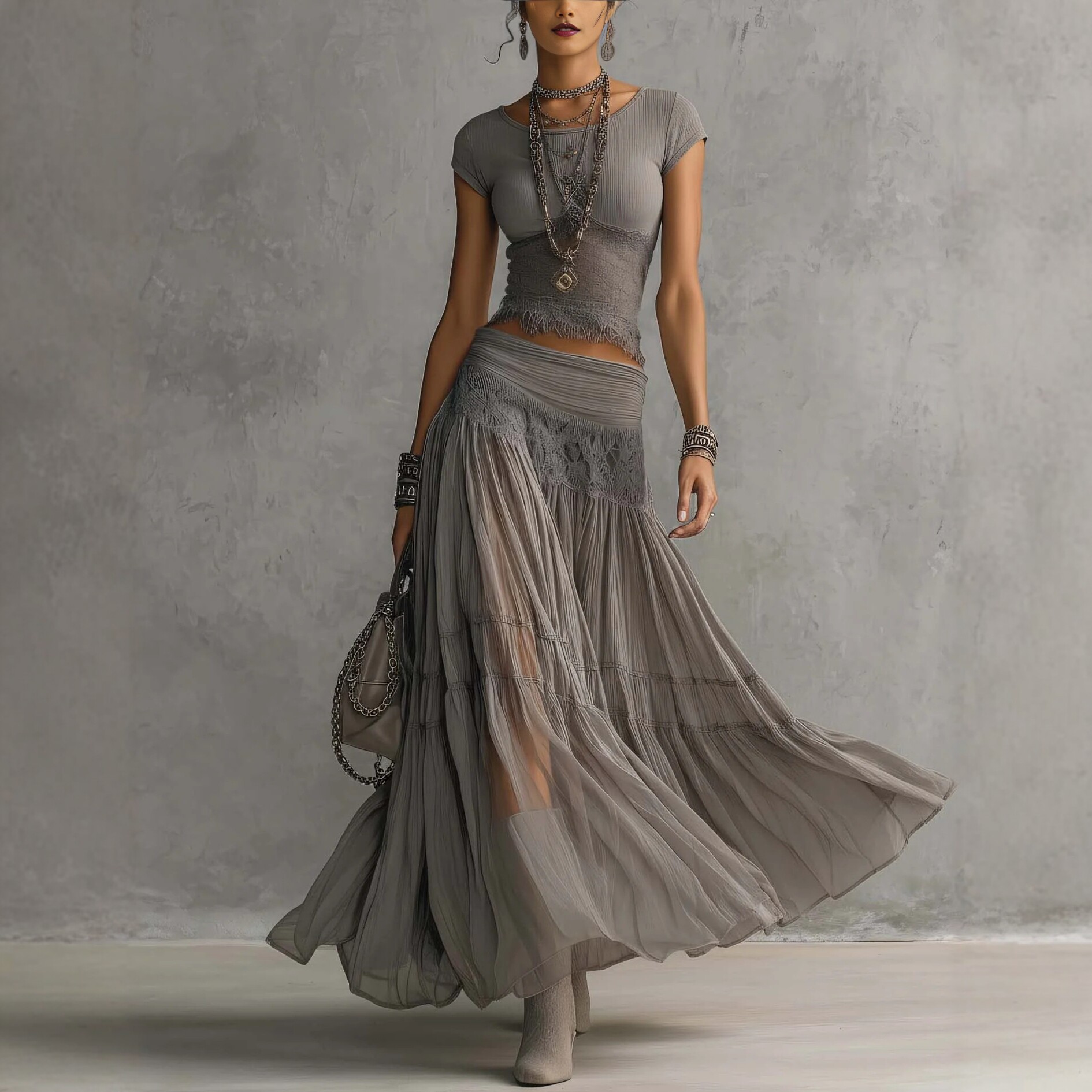 Gray Knit Top and Chiffon Maxi Skirt Two-Piece Set
