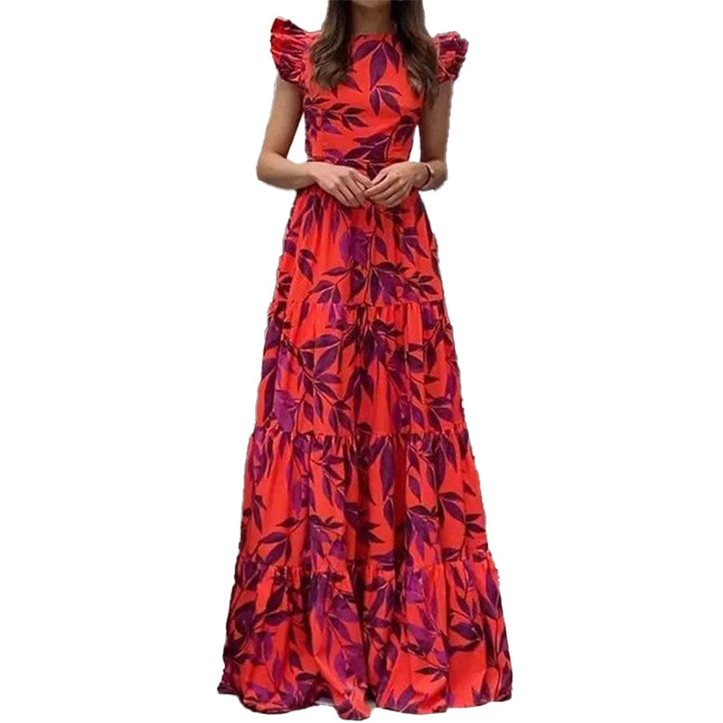 Floral Print Flutter Sleeve Ruffle Maxi Dress