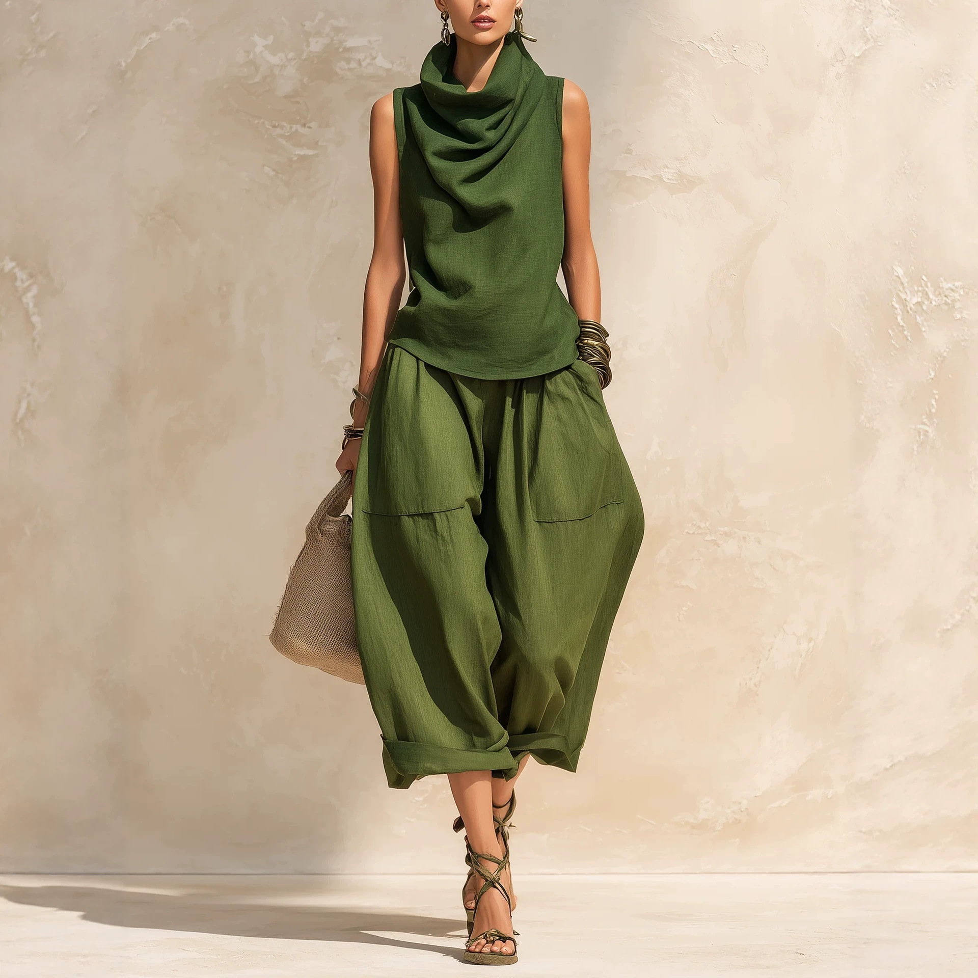 Women's Cowl Neck Sleeveless Top & Wide-Leg Pants Set Linen-Blend Casual