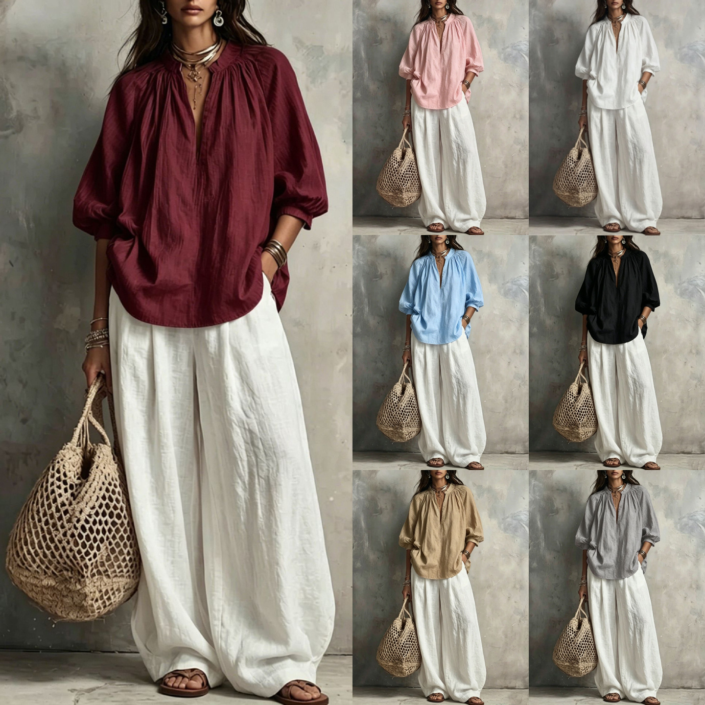 Boho V-Neck 3/4 Sleeve Shirt & Wide-Leg Pants Set
