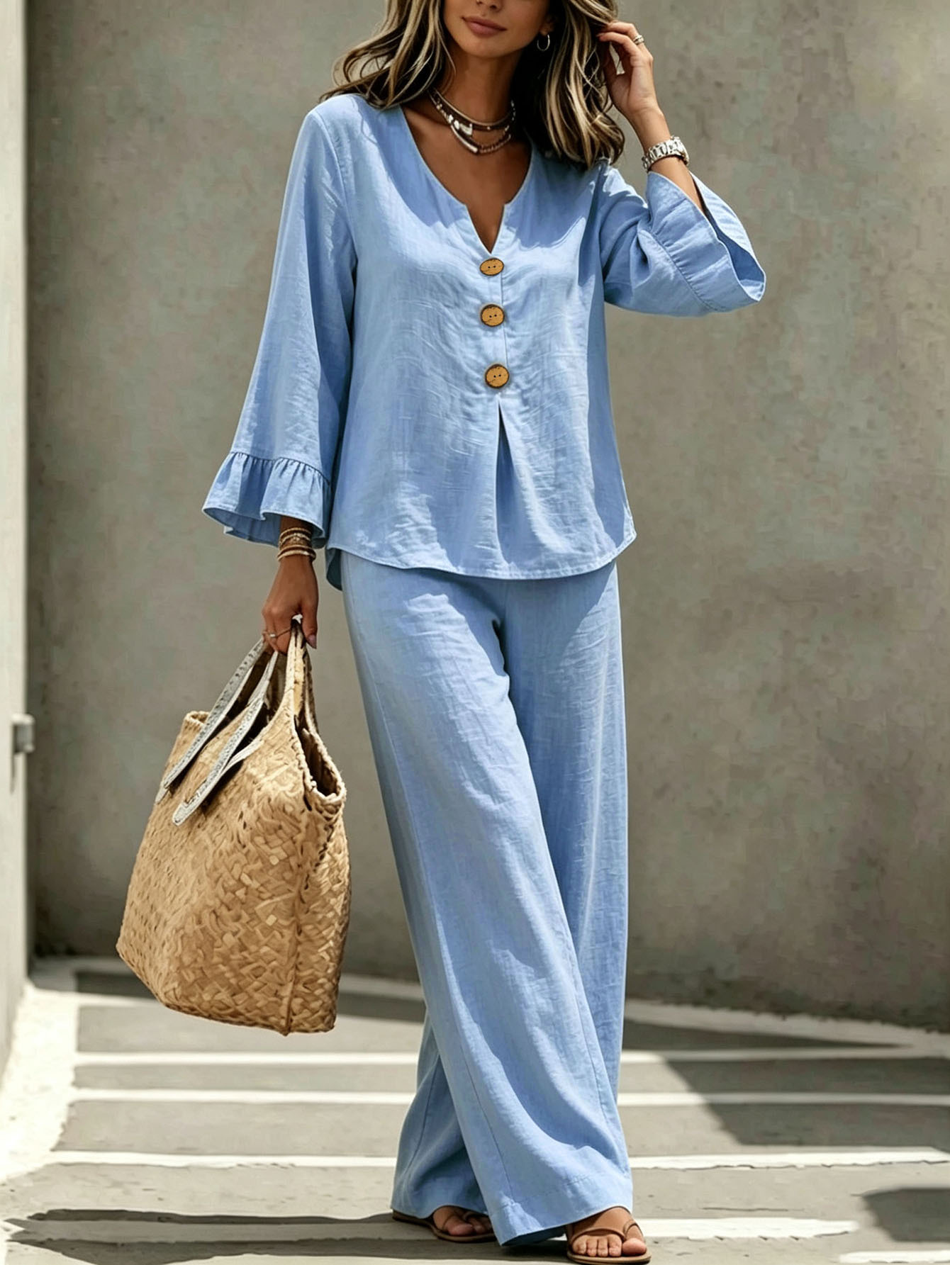 Women's Casual Two-Piece Set Long-Sleeve V-Neck T-Shirt and Pants