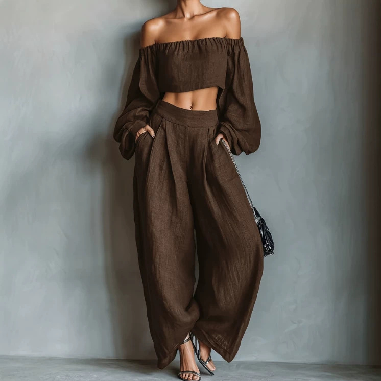 Women's Off-Shoulder Top & Wide-Leg Pants Set