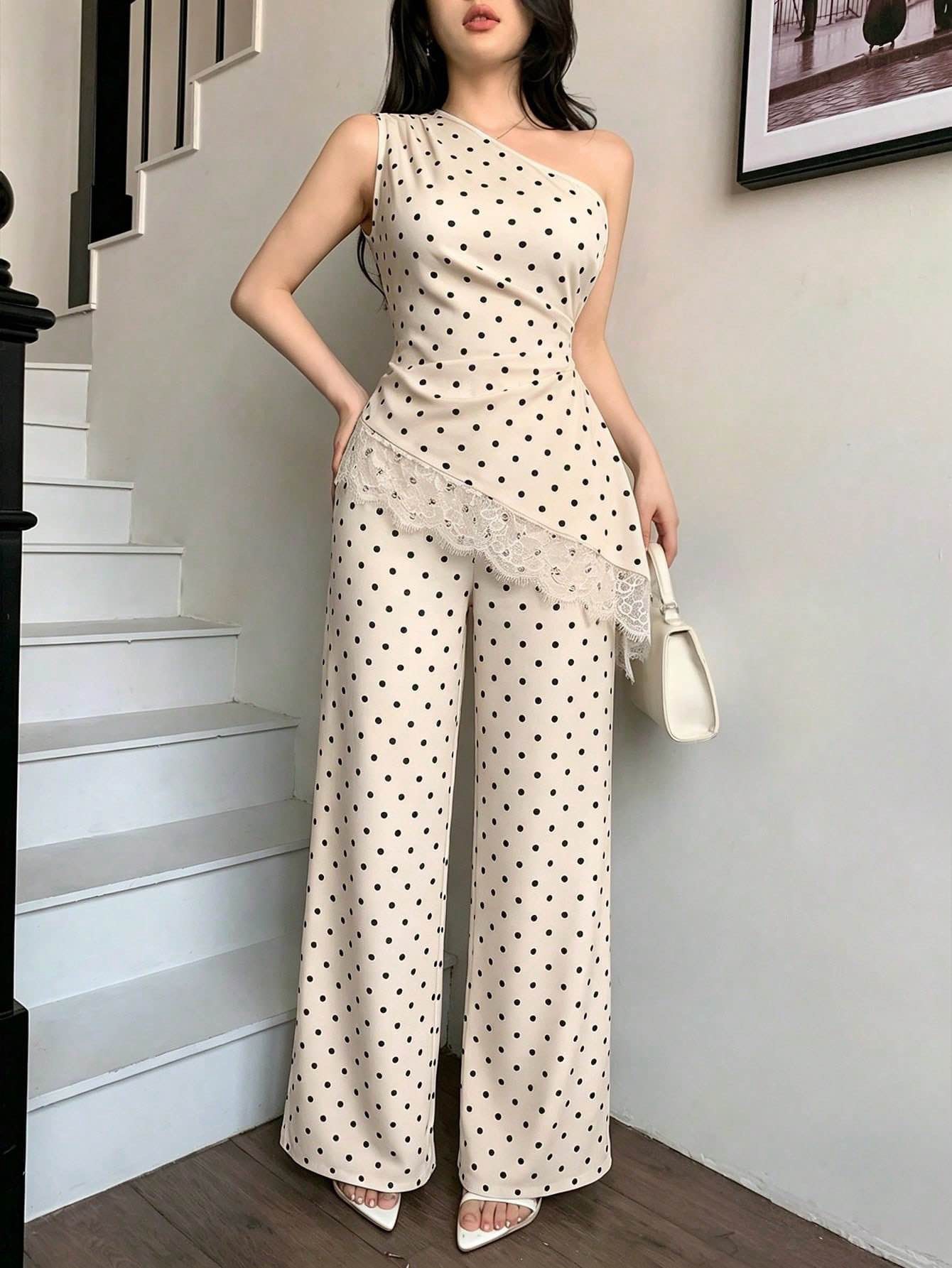Polka Dot One-Shoulder Lace Trim Top and Wide-Leg Pants Two-Piece Set