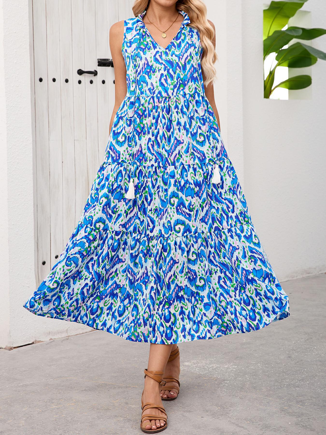 Women's Sleeveless Floral Ruffle Midi Dress V-Neck Vacation