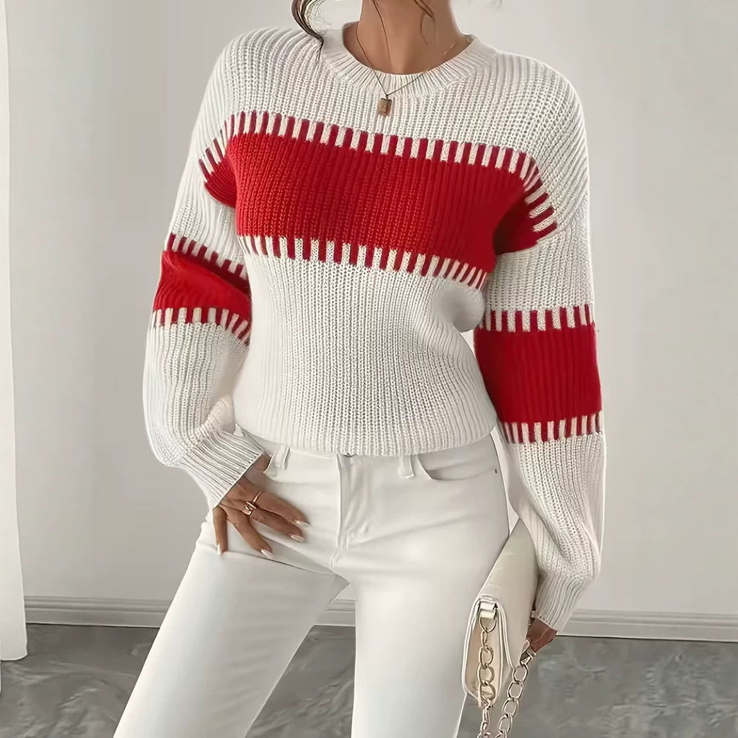 Women's Casual Striped Drop Shoulder Long Sleeve Sweater Colorful Striped Pullover