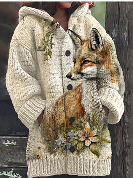 Women's Animal & Plant Print Hooded Button Cardigan