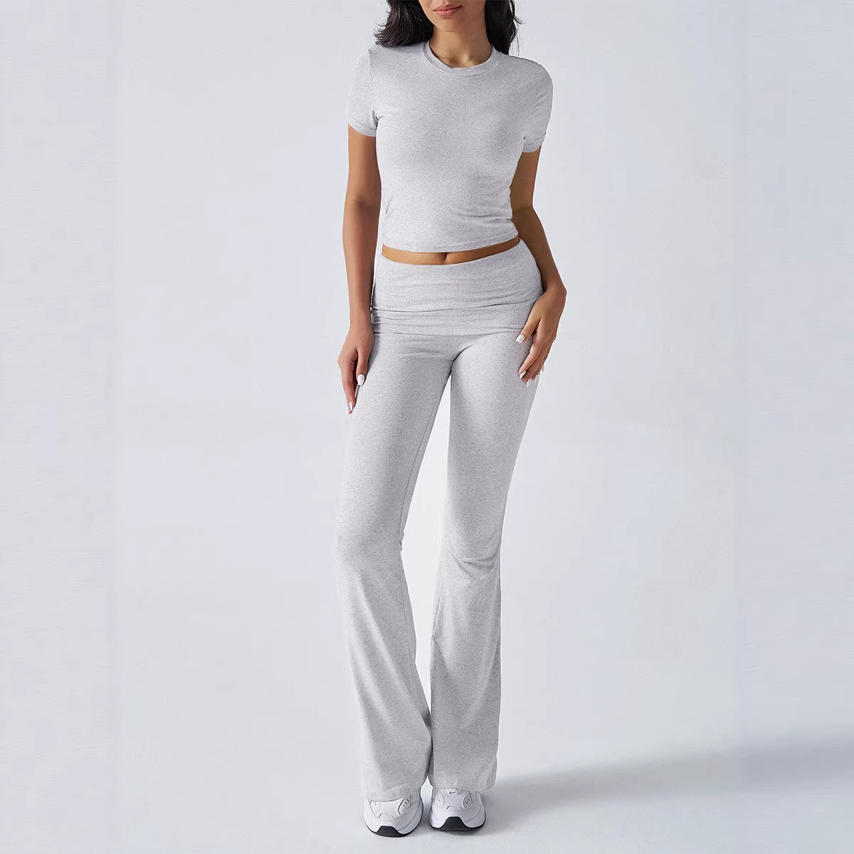 Women's Solid Color Slim Fit Short Sleeve Top and Pants Set
