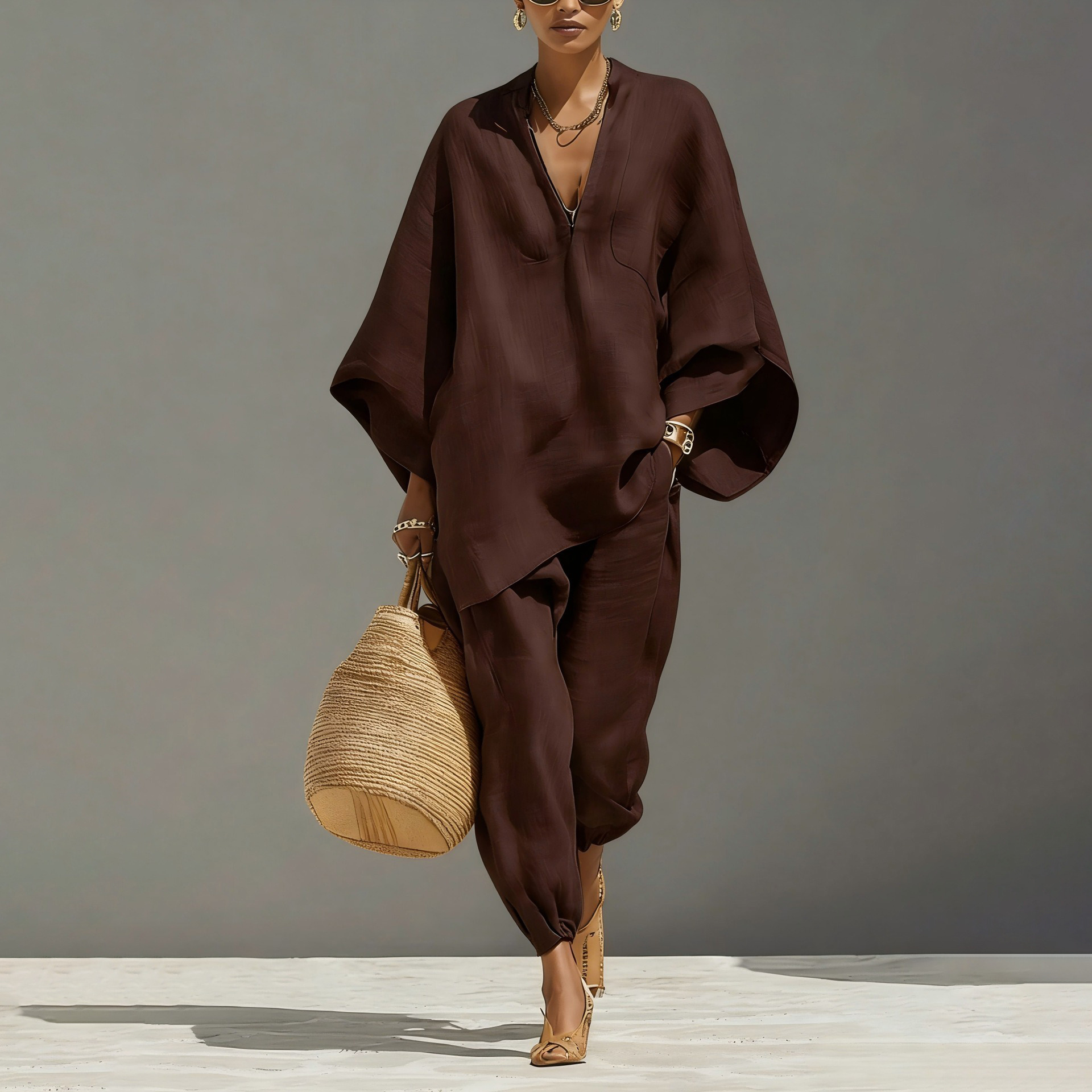 Women's Batwing Sleeve V-Neck Loose Casual Two-Piece Set