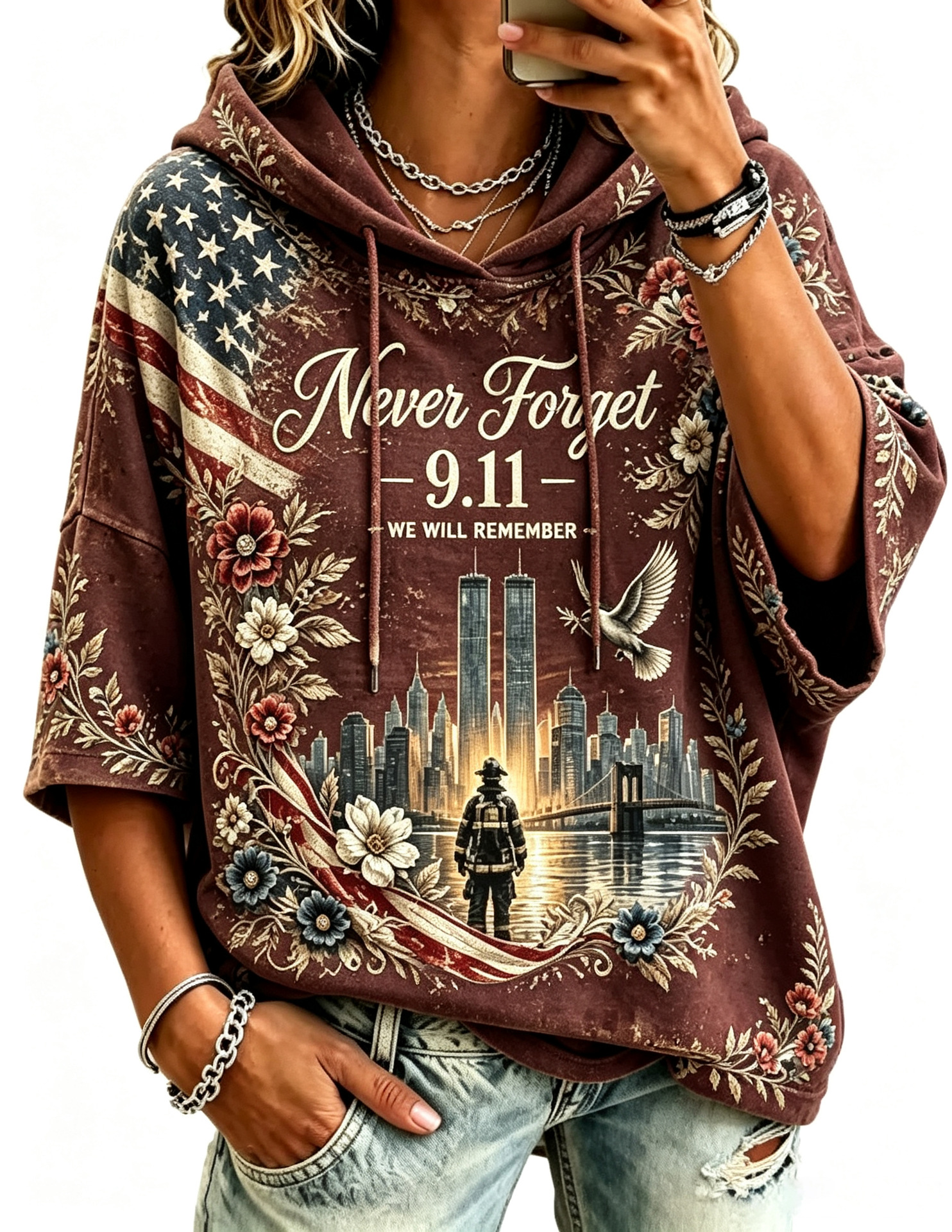 Women's Casual Hoodie with American Twin Towers Print