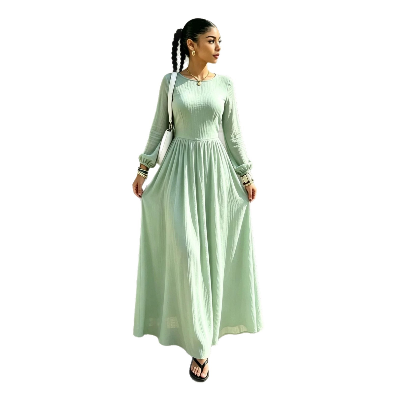 French-Style Fitted A-Line Long-Sleeve Dress with Round Neck and Cinched Waist
