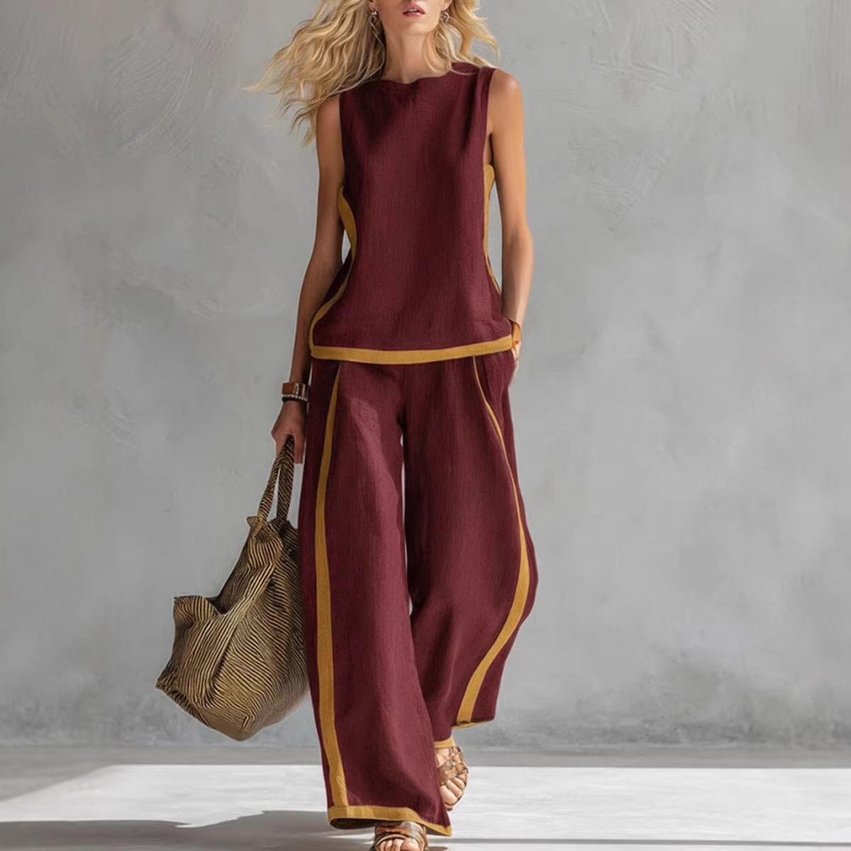 Women's Sleeveless Color-Block Wide-Leg Pants Set Summer Casual Two-Piece