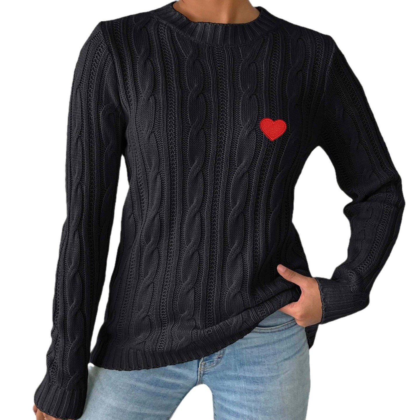 Women's Heart Applique Crewneck Knit Pullover Sweater