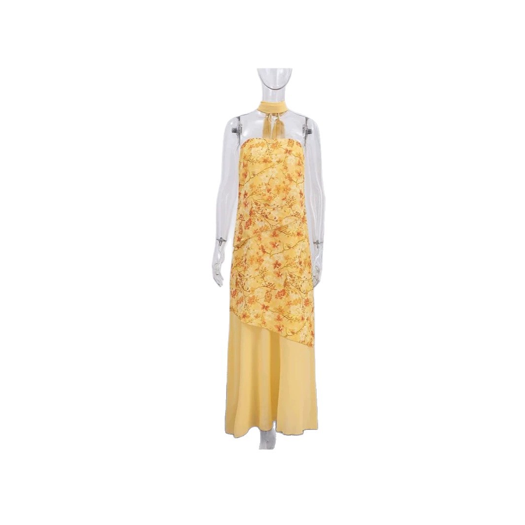 Yellow Floral Slip Dress Women's Summer Beach Midi A-Line
