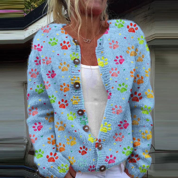 Women's Paw Print Floral Button Cardigan Sweater
