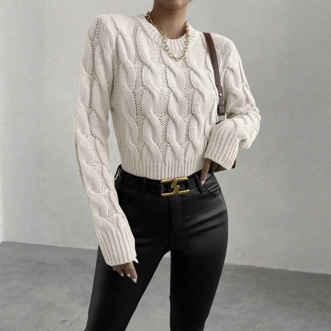 Women's Cable Knit Crewneck Pullover Sweater Solid Color