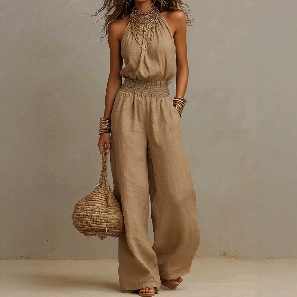 Women's Sleeveless Solid Color Wide-Leg Jumpsuit with Pockets