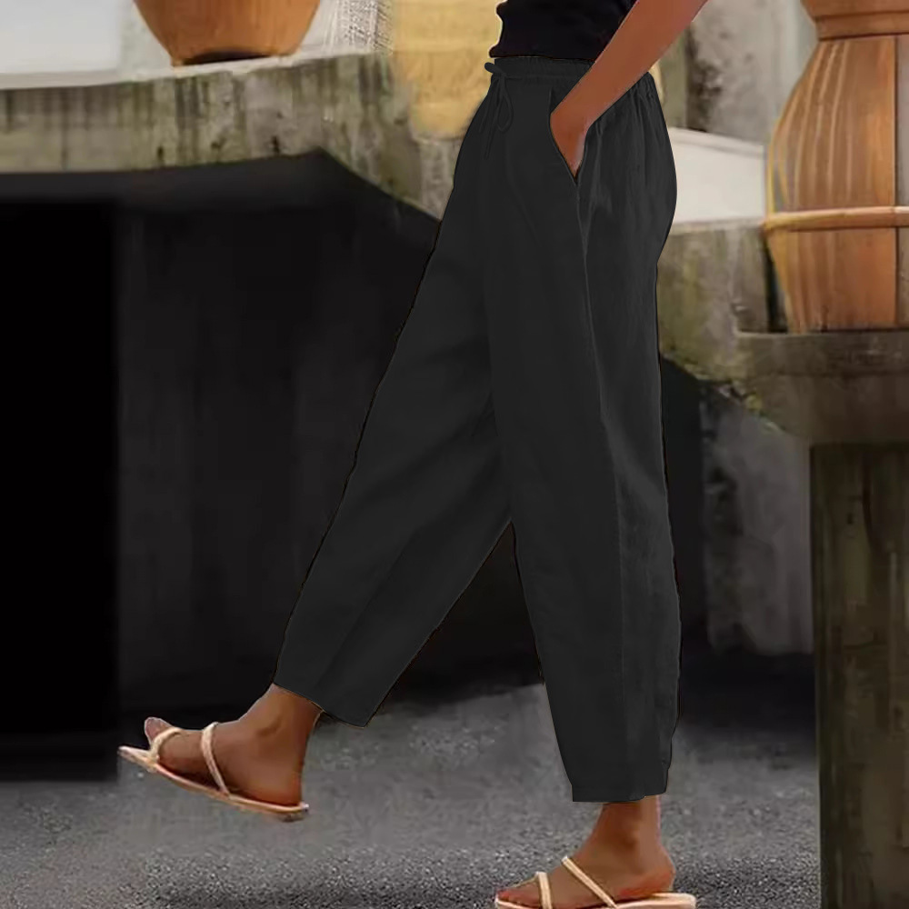 Women's Cotton-Linen Blend Solid Color Casual Pants with Side Pockets and Drawstring