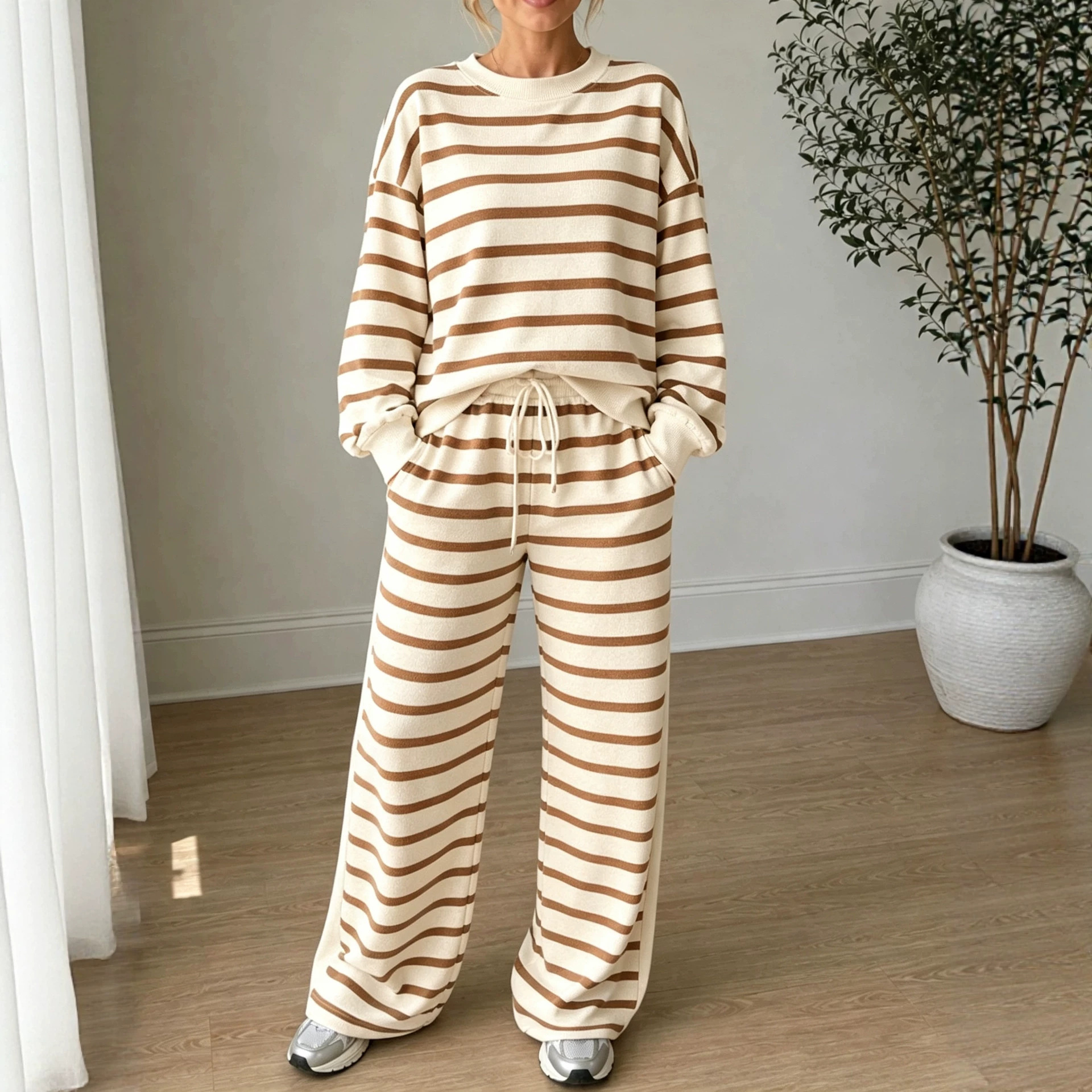 Women's High-Waist Striped Print Long-Sleeve Two-Piece Casual Set
