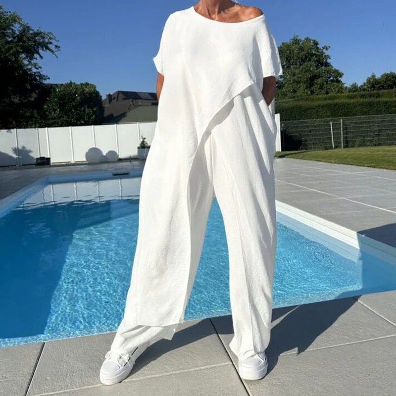 Casual Irregular Solid Color Long Short-Sleeve Top and Loose Pants Cotton-Linen Set