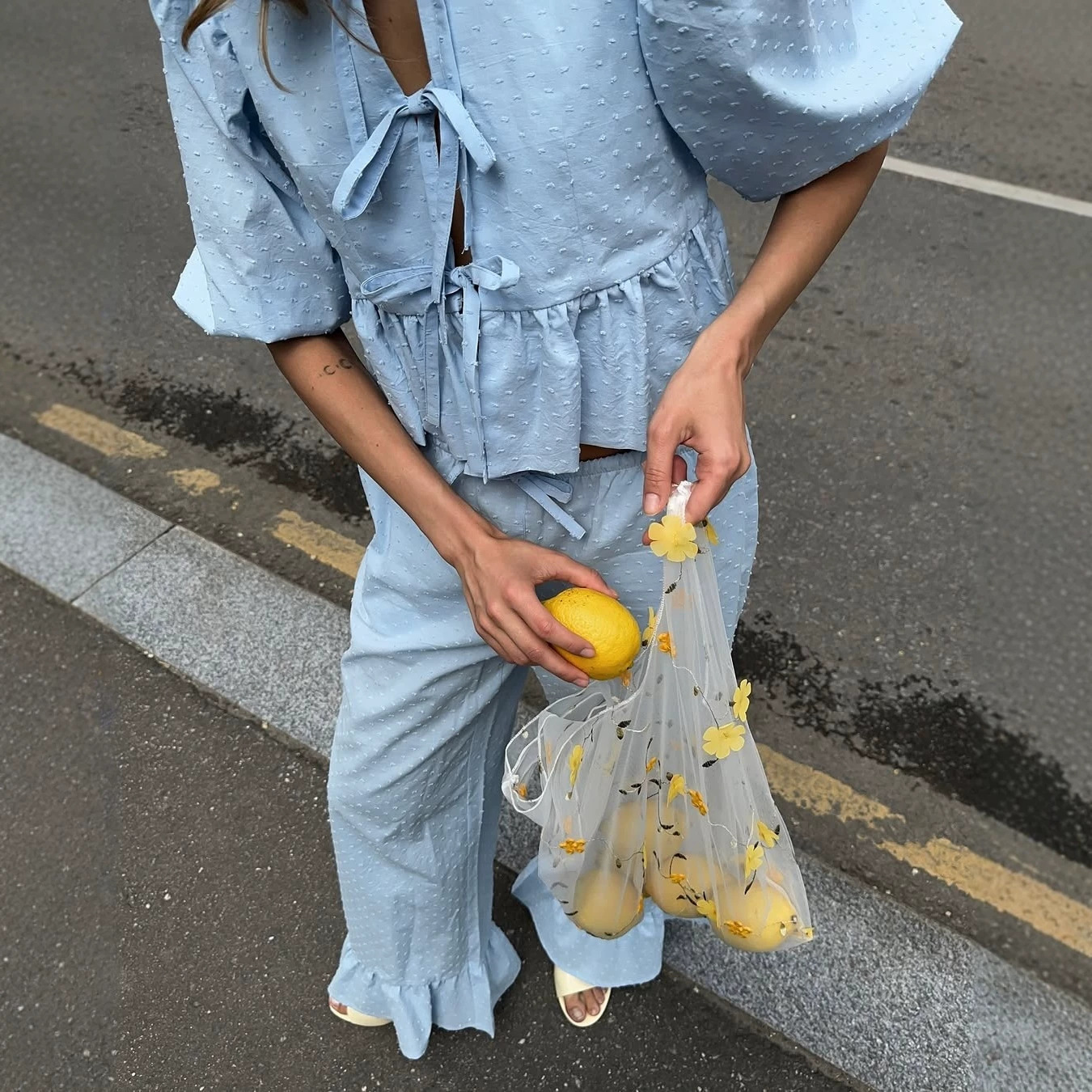 Women's Casual Short Sleeve Tie-Front Shirt and Ruffle Hem Pants Set