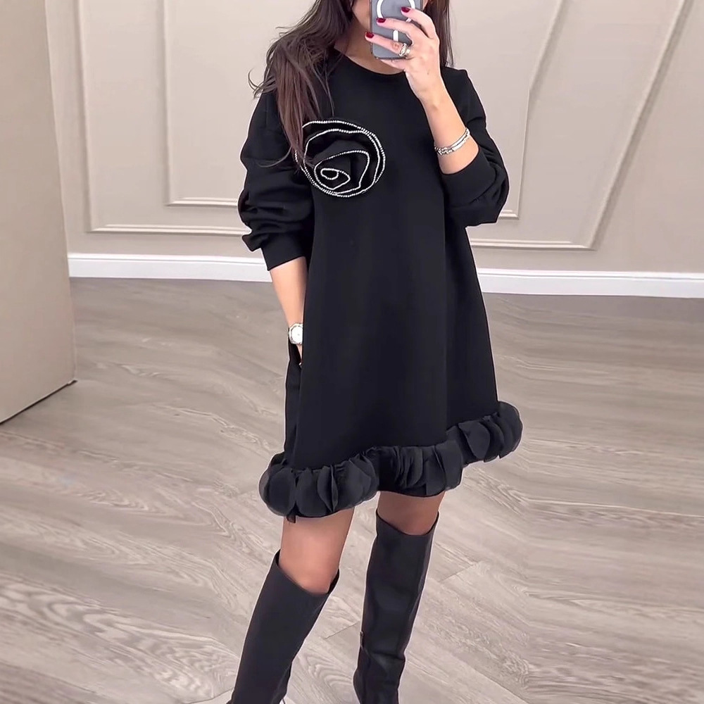 Women's Floral Beaded Ruffle Sweatshirt Dress Loose Fit