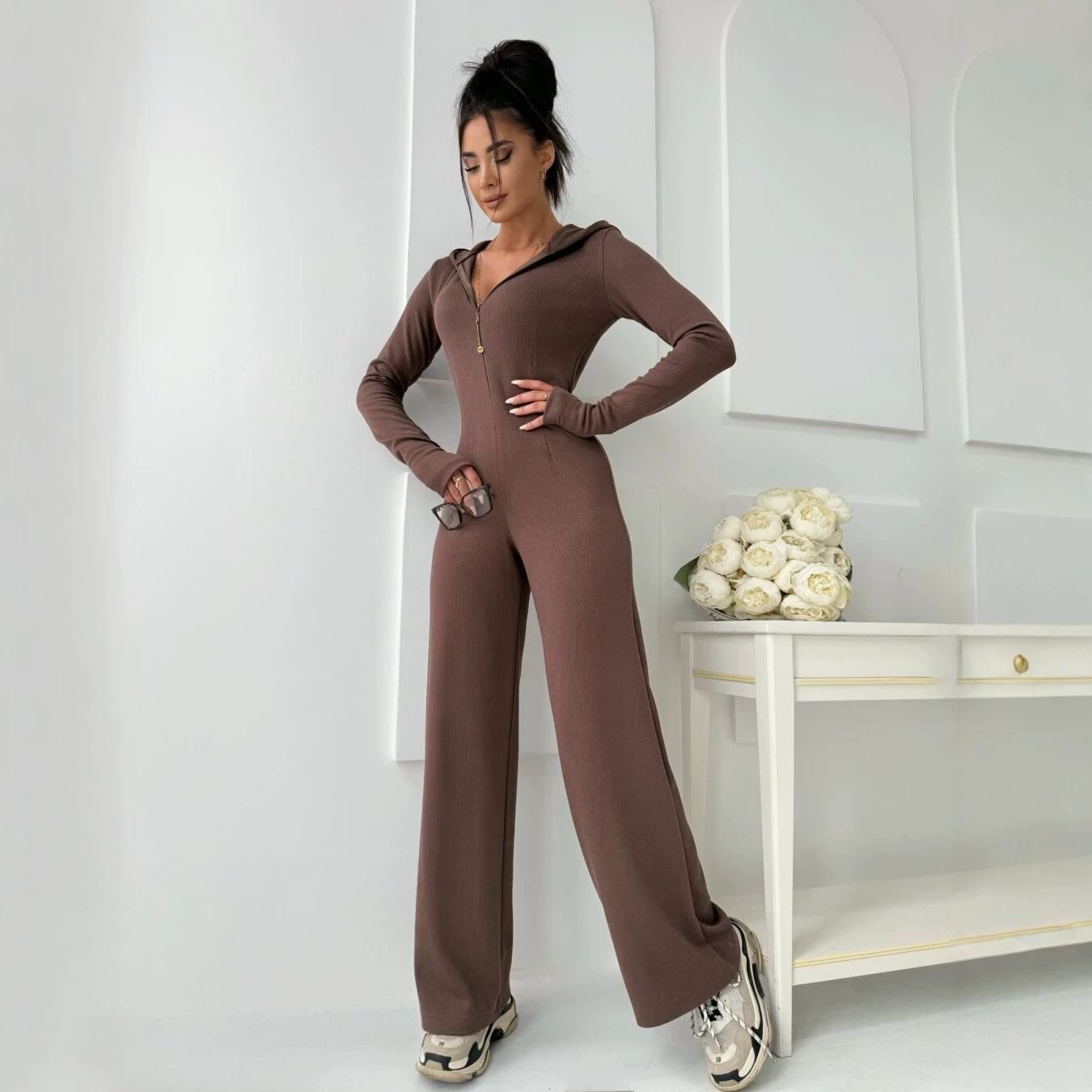 Women's Long Sleeve Solid Zip-Up Jumpsuit Minimalist Sporty