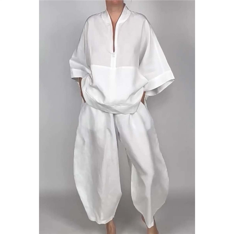 Relaxed Solid Half-Zip Top and Bloomer Pants Set