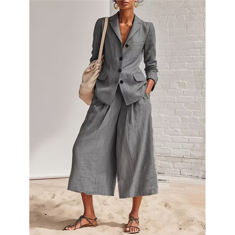 Elegant Linen-Blend Blazer & Wide-Leg Pants Set