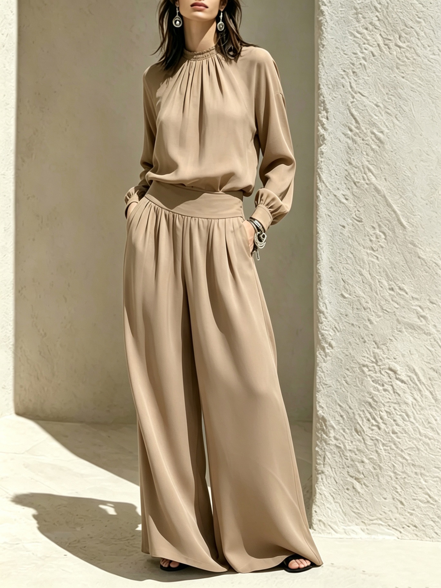 Women's Stand Collar Loose Top and Wide-Leg Pants Set