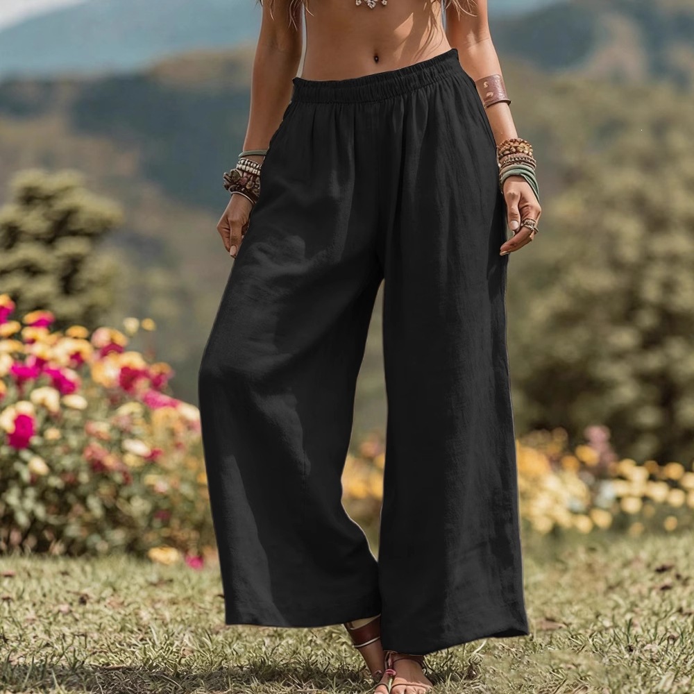Cotton-Linen Wide-Leg Pants with Full Elastic High Waist