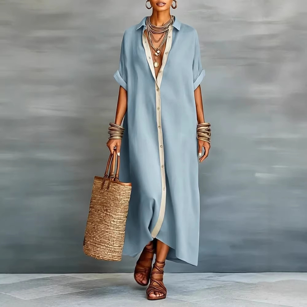 Women's Color-Block Cotton-Linen Shirt Dress V-Neck A-Line Midi