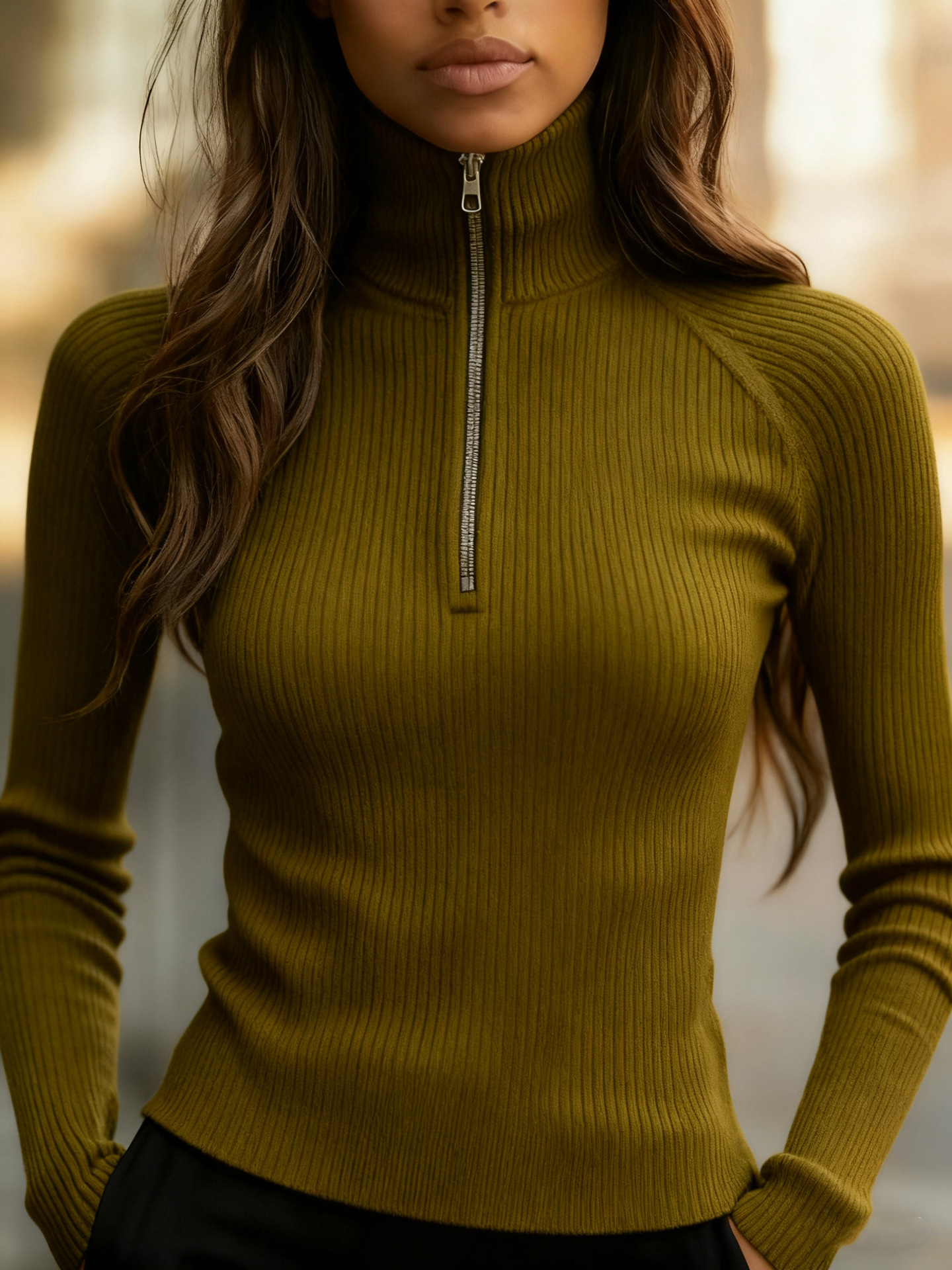 Zip-Up Slim Fit Turtleneck Knit Top