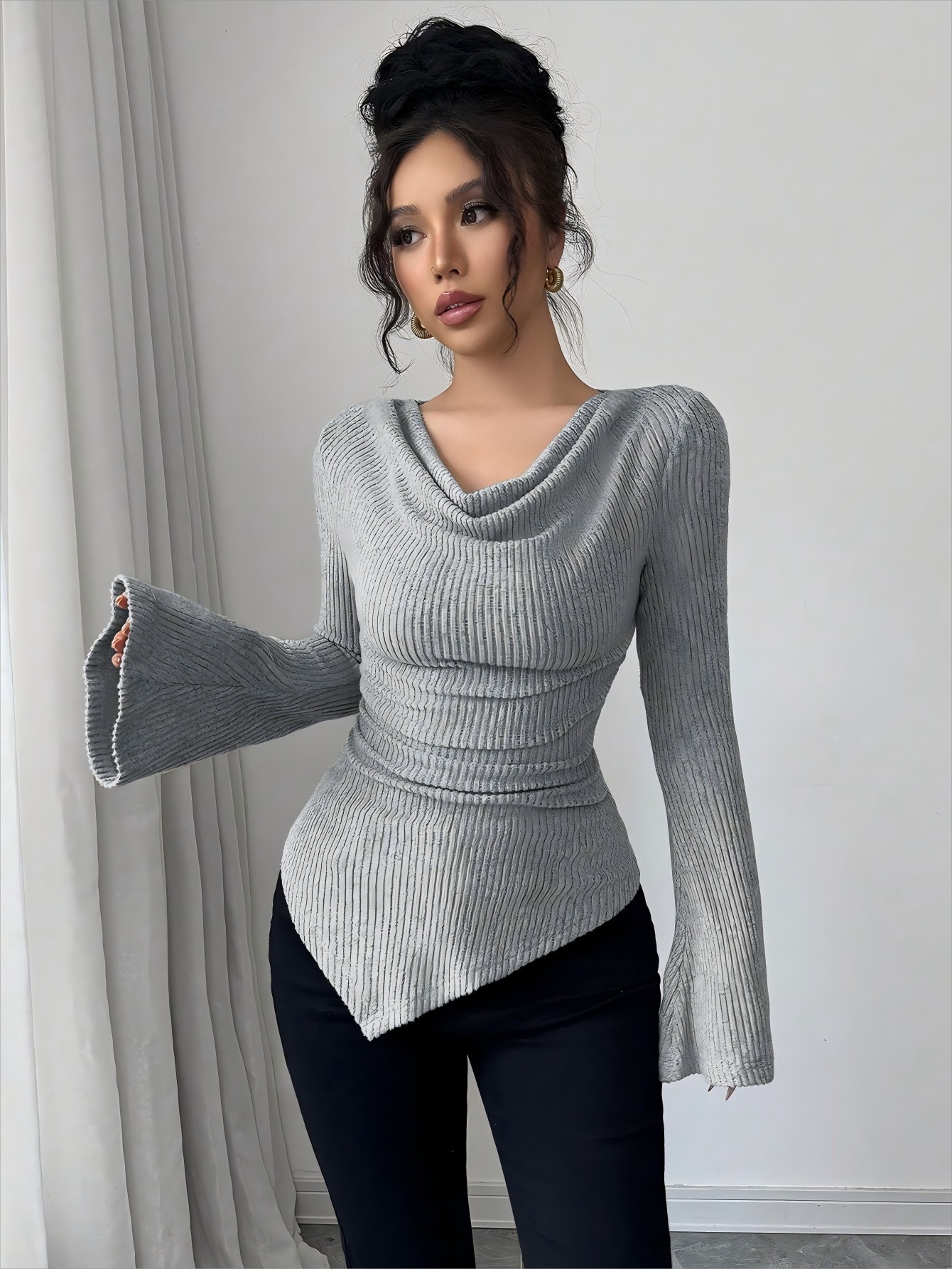 Ribbed Off-Shoulder Slim Fit Knit Long Sleeve Top