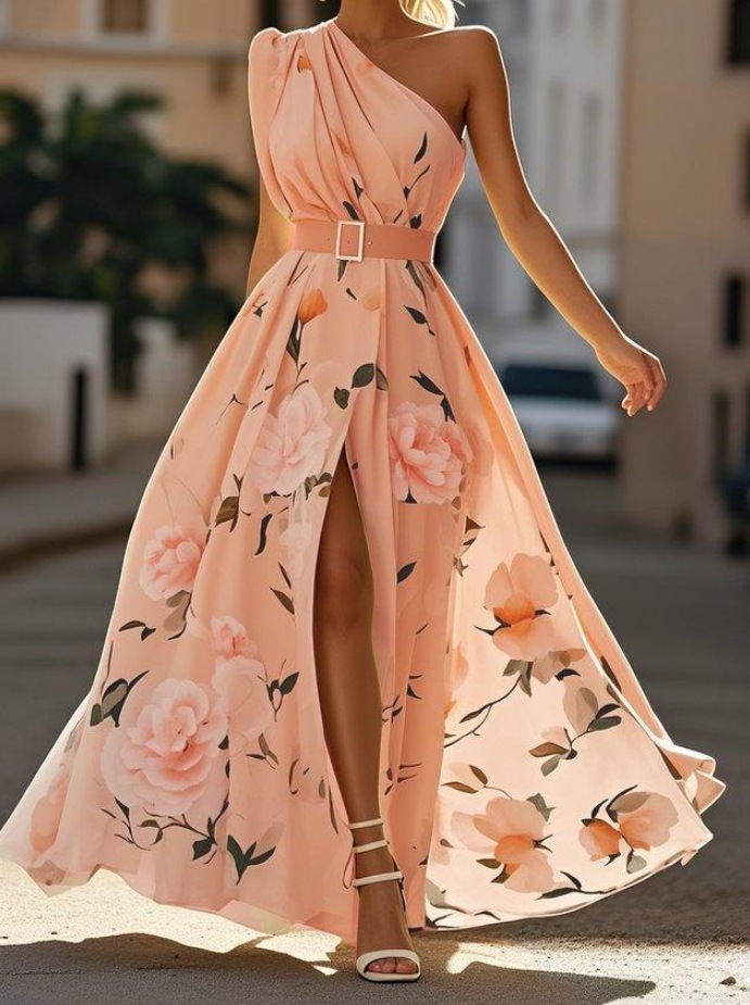 One-Shoulder Floral Print Sleeveless Maxi Dress with Belt