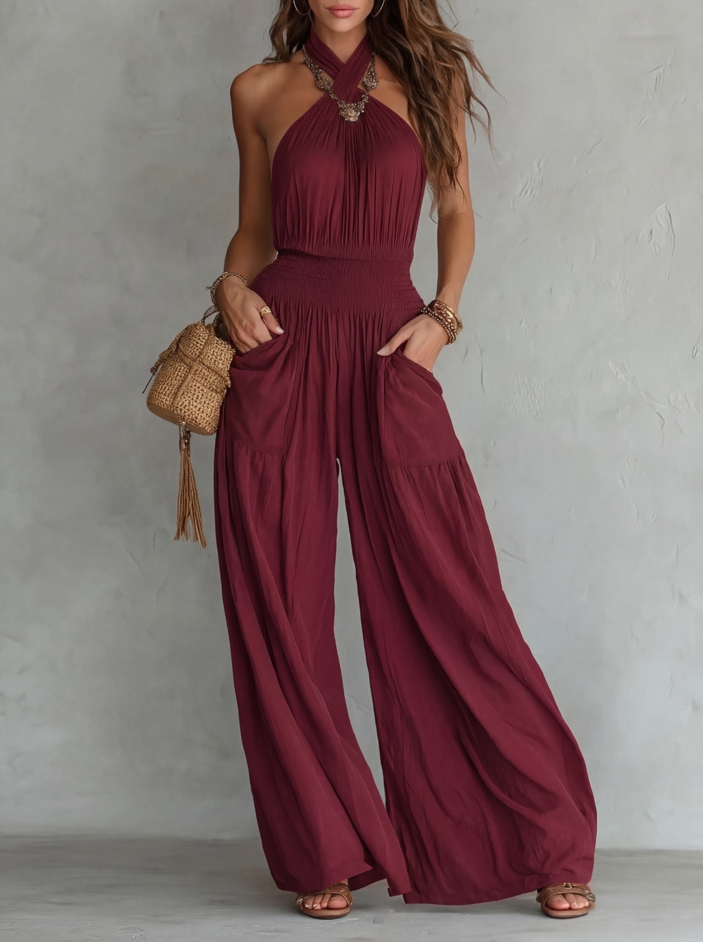Bohemian Open-Back Sleeveless Wide-Leg Jumpsuit with Smocking and Pockets